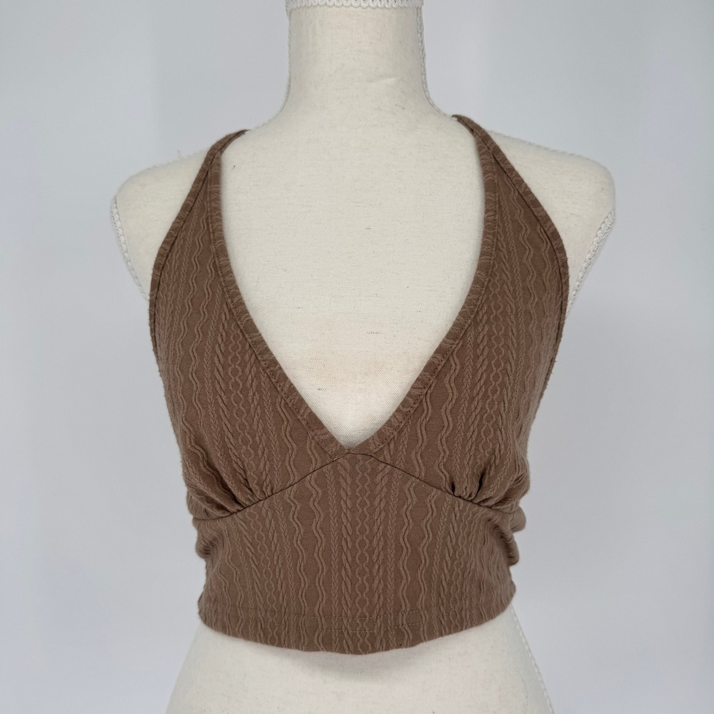 Halter Crop Top Womens Brown Textured Knit Earthy Fairycore Coquette Boho